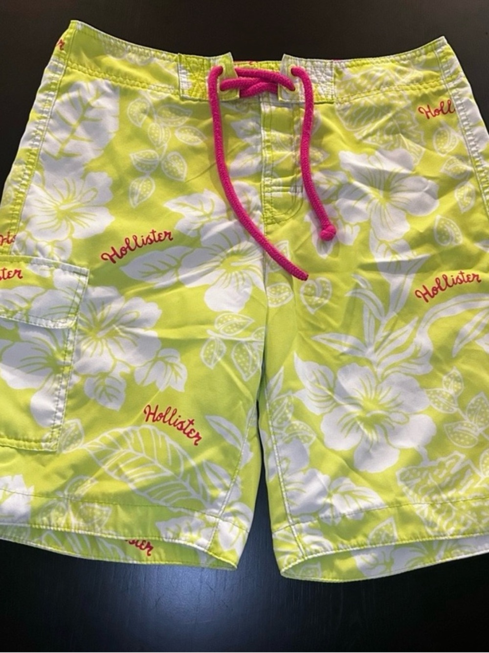Hollister Neon Yellow Floral Swim Shorts with Pink Drawstring